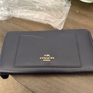 Coach Navy and Brown Signature Zip Wallet with Gold Accent